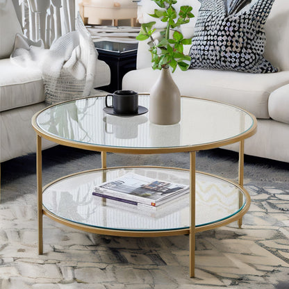 Industrial 2 Tier Round Coffee Table With Tempered Glass