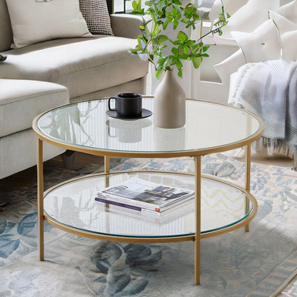 Industrial 2 Tier Round Coffee Table With Tempered Glass