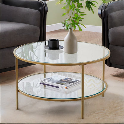 Industrial 2 Tier Round Coffee Table With Tempered Glass