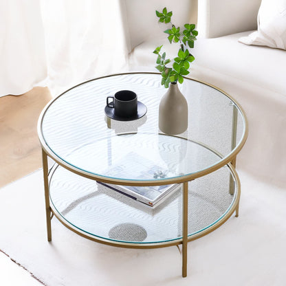 Industrial 2 Tier Round Coffee Table With Tempered Glass