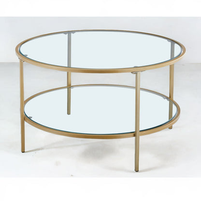 Industrial 2 Tier Round Coffee Table With Tempered Glass