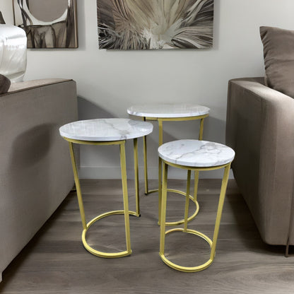 Set Of 3 Gold Nesting Tables With Faux Marble Top