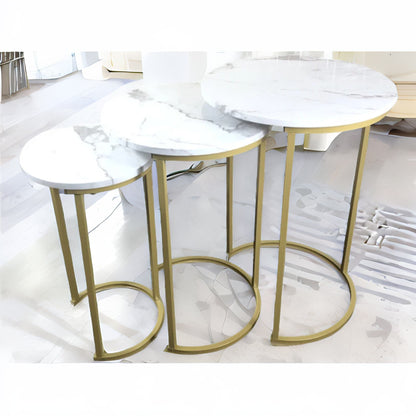 Set Of 3 Gold Nesting Tables With Faux Marble Top