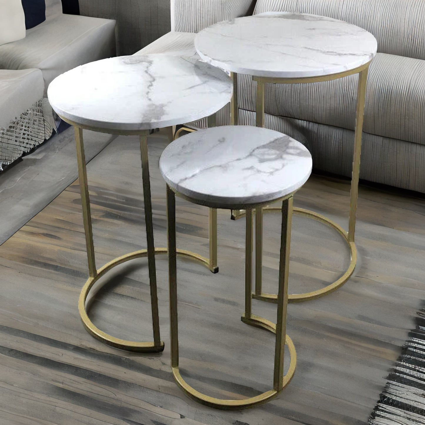 set of 3 gold nesting tables with faux marble top