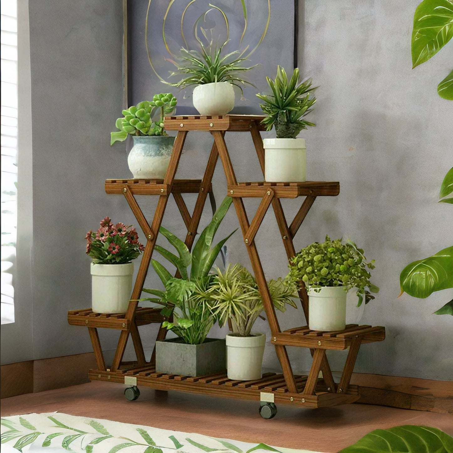 6 tier bamboo wooden plant stand with lockable wheels