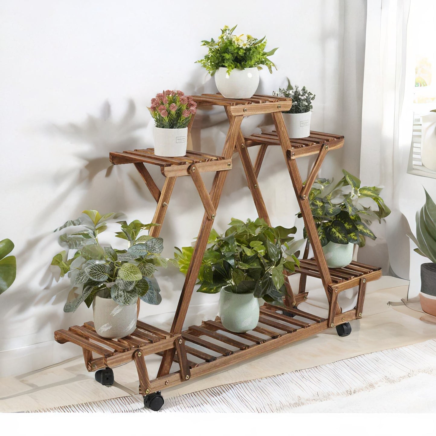 6 tier bamboo wooden plant stand with lockable wheels