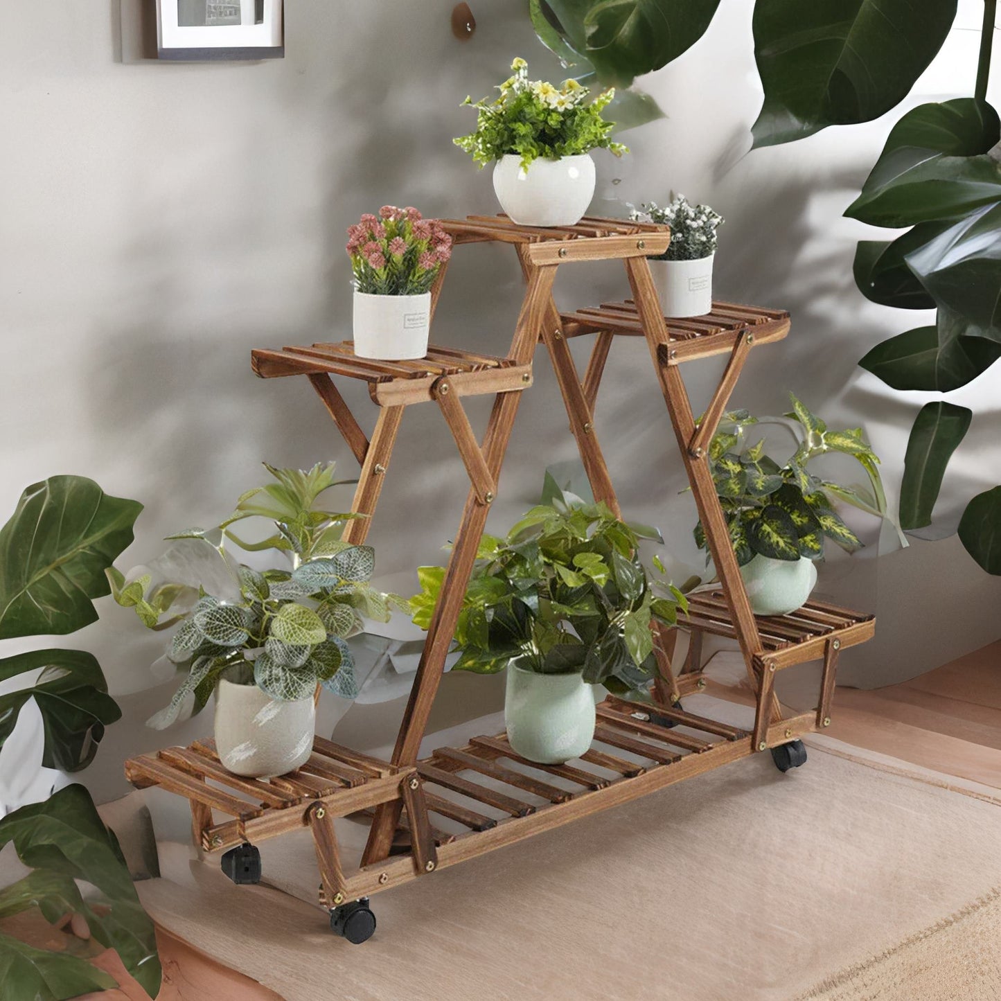 6 tier bamboo wooden plant stand with lockable wheels