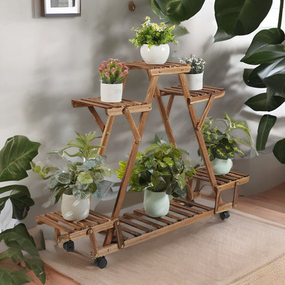 6 Tier Bamboo Wooden Plant Stand With Lockable Wheels