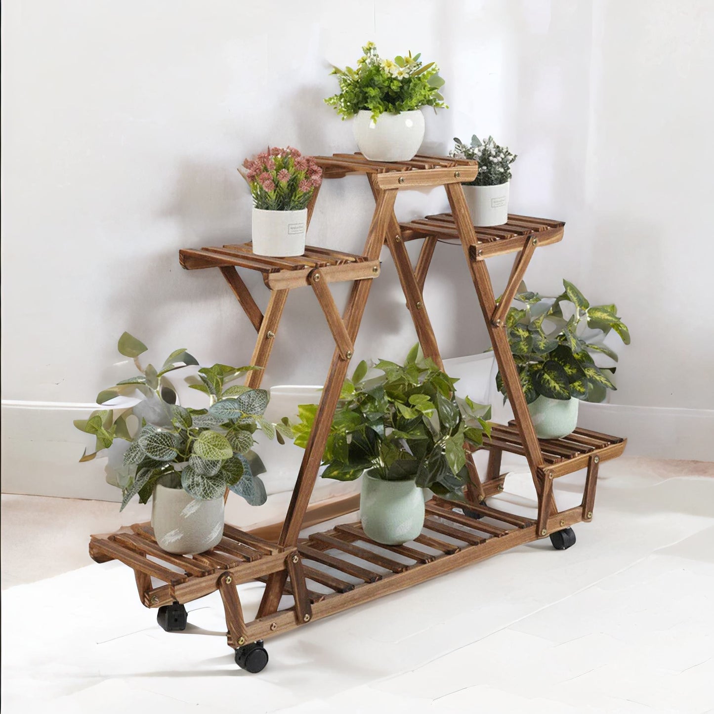 6 tier bamboo wooden plant stand with lockable wheels