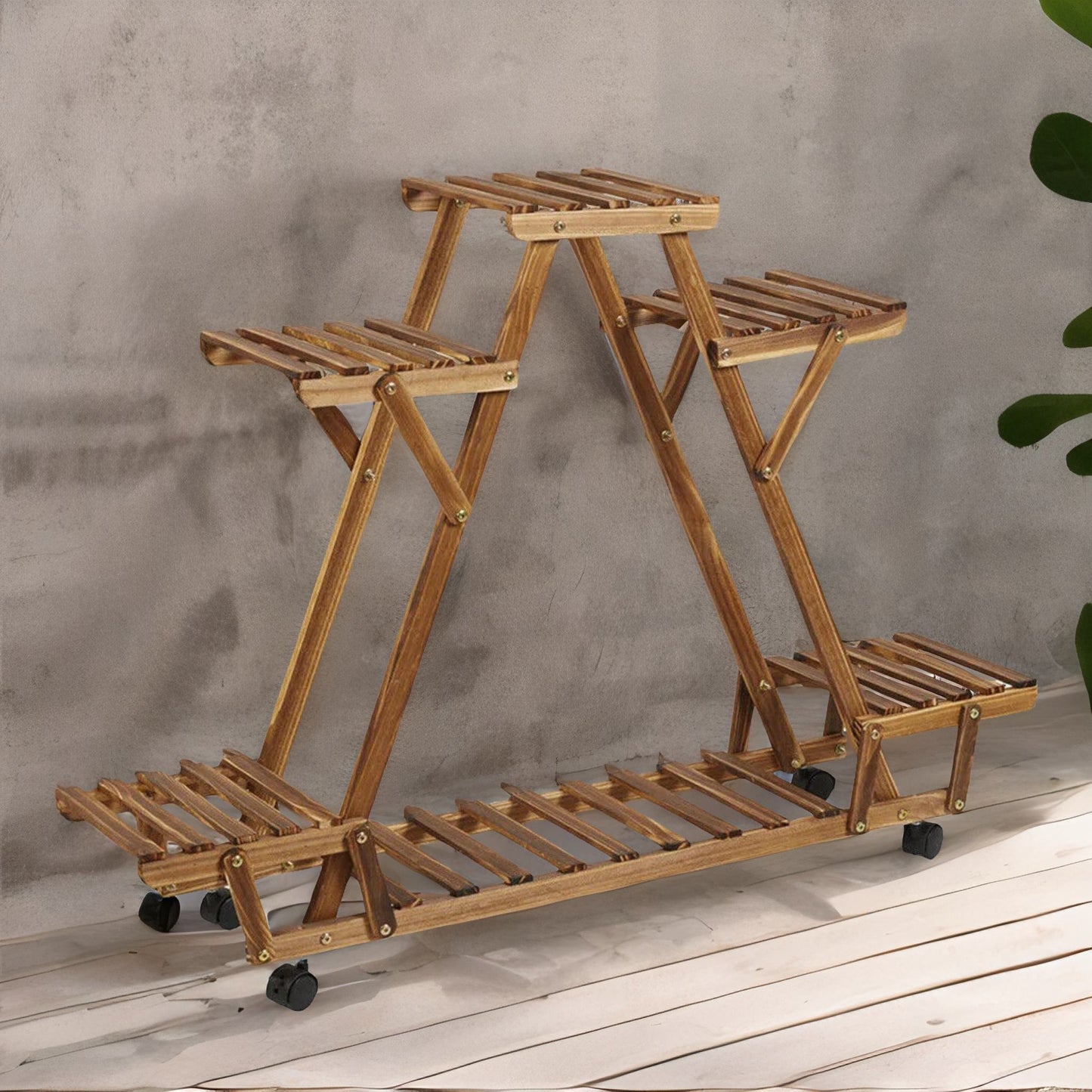 6 tier bamboo wooden plant stand with lockable wheels