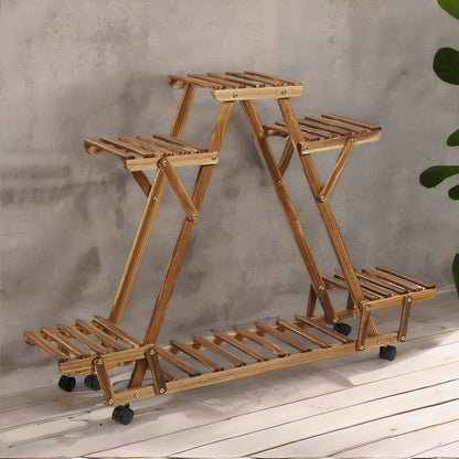 6 Tier Bamboo Wooden Plant Stand With Lockable Wheels