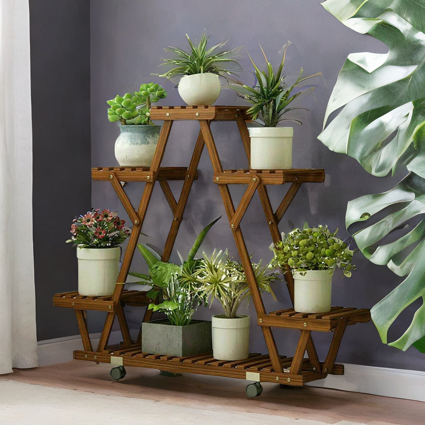 6 tier bamboo wooden plant stand with lockable wheels