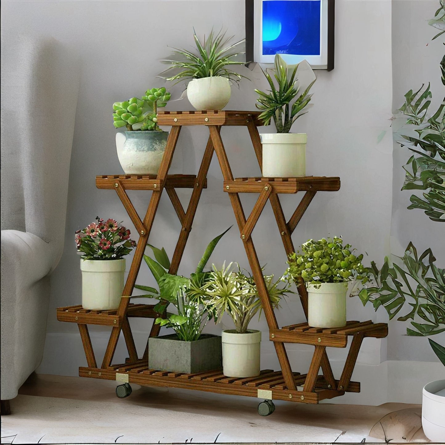 6 tier bamboo wooden plant stand with lockable wheels