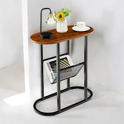 Industrial Side Table With Mesh Magazine Holder Rustic Brown