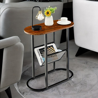 Industrial Side Table With Mesh Magazine Holder Rustic Brown