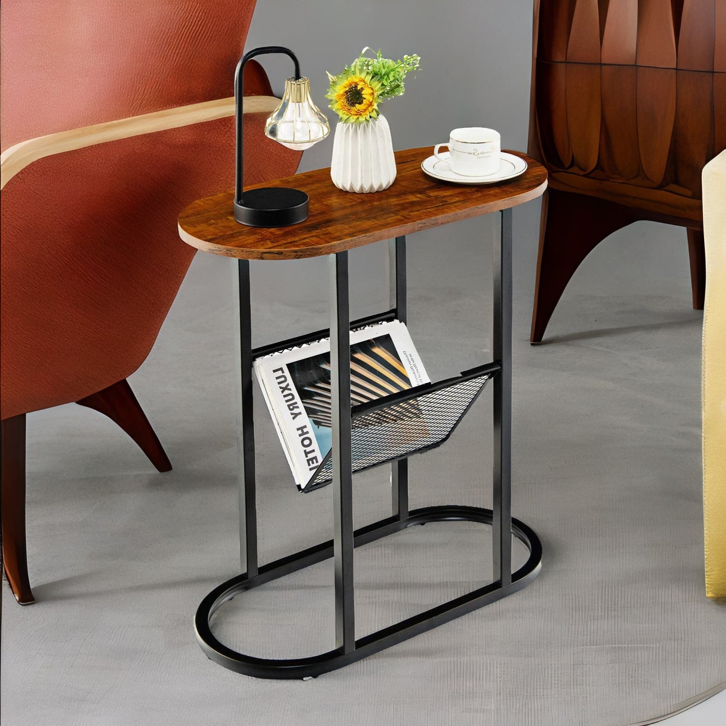 industrial side table with mesh magazine holder rustic brown