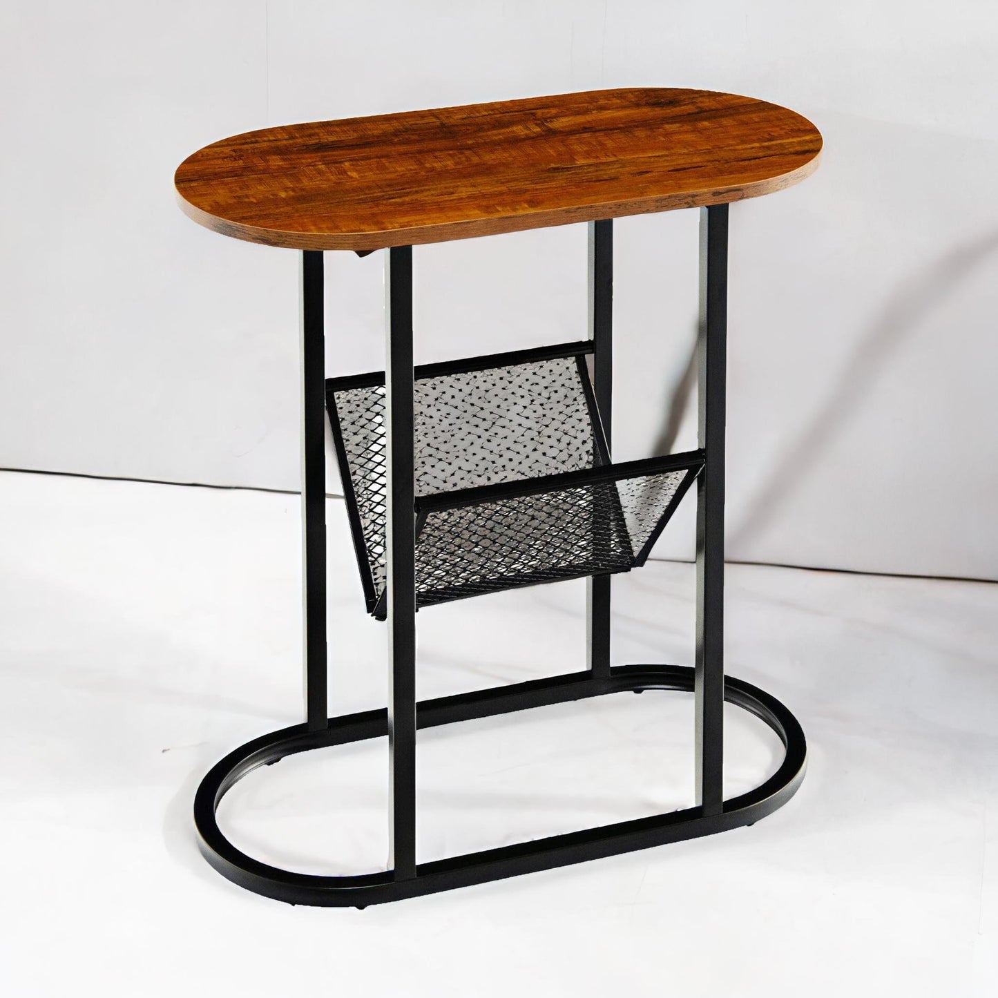 industrial side table with mesh magazine holder rustic brown