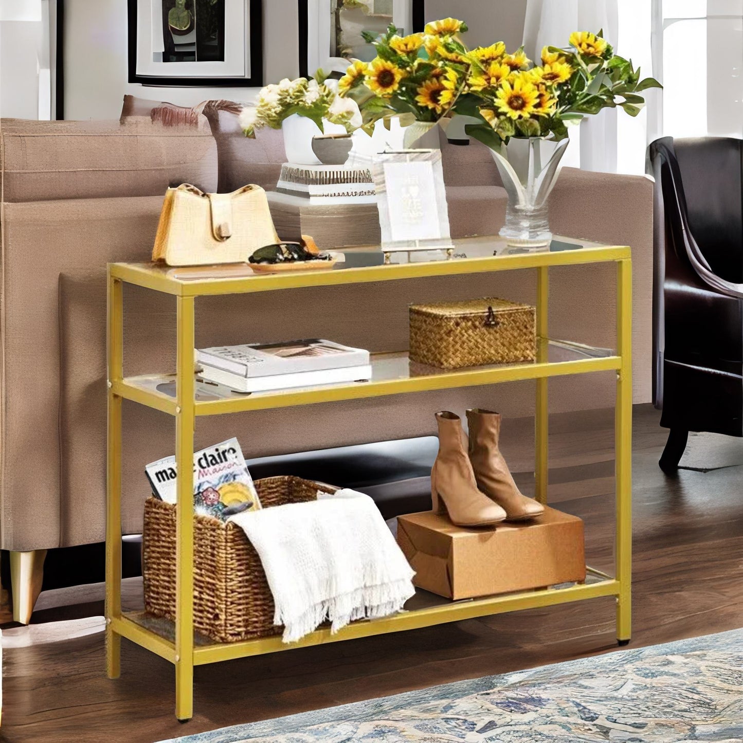 industrial hallway table with 3 tempered glass shelves