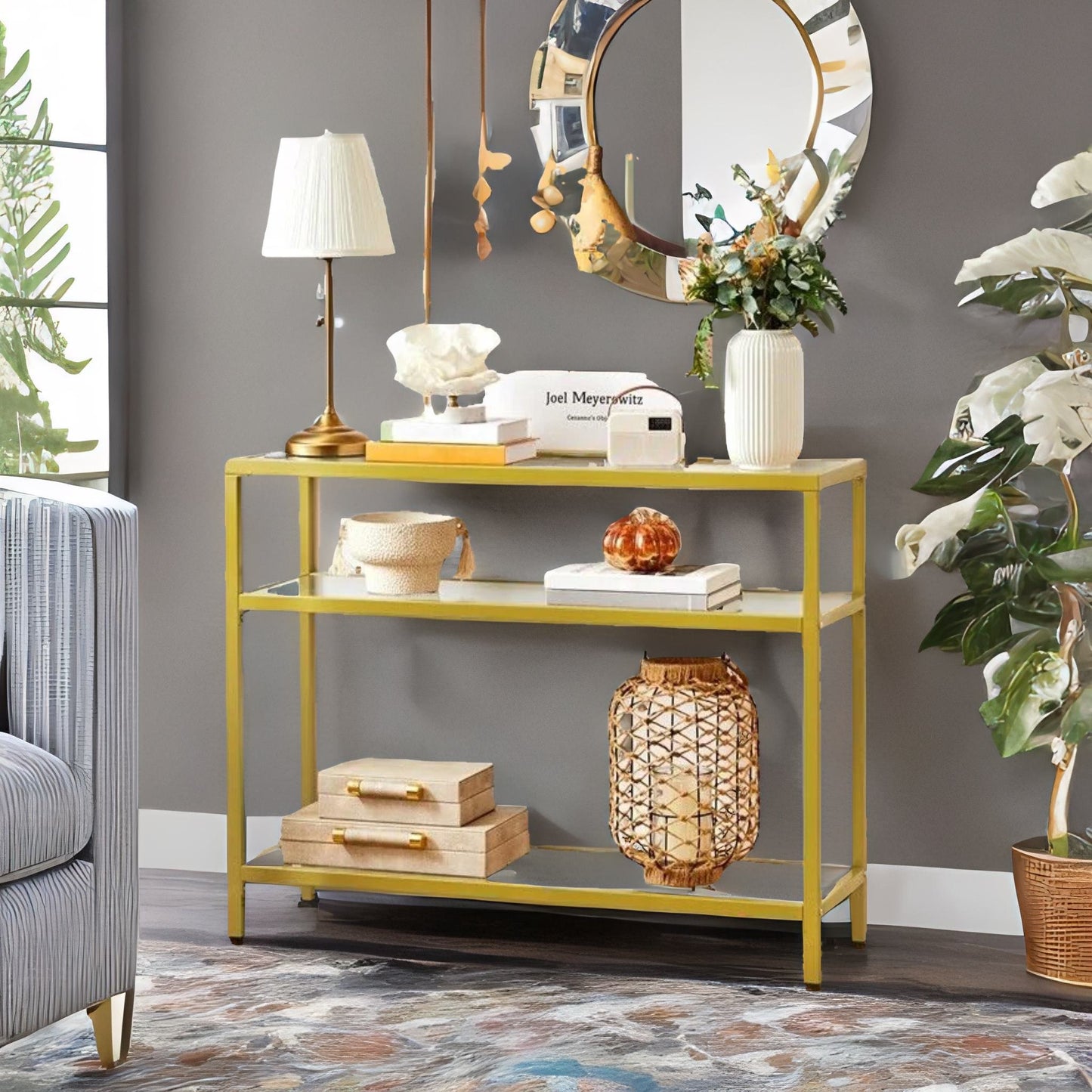 industrial hallway table with 3 tempered glass shelves