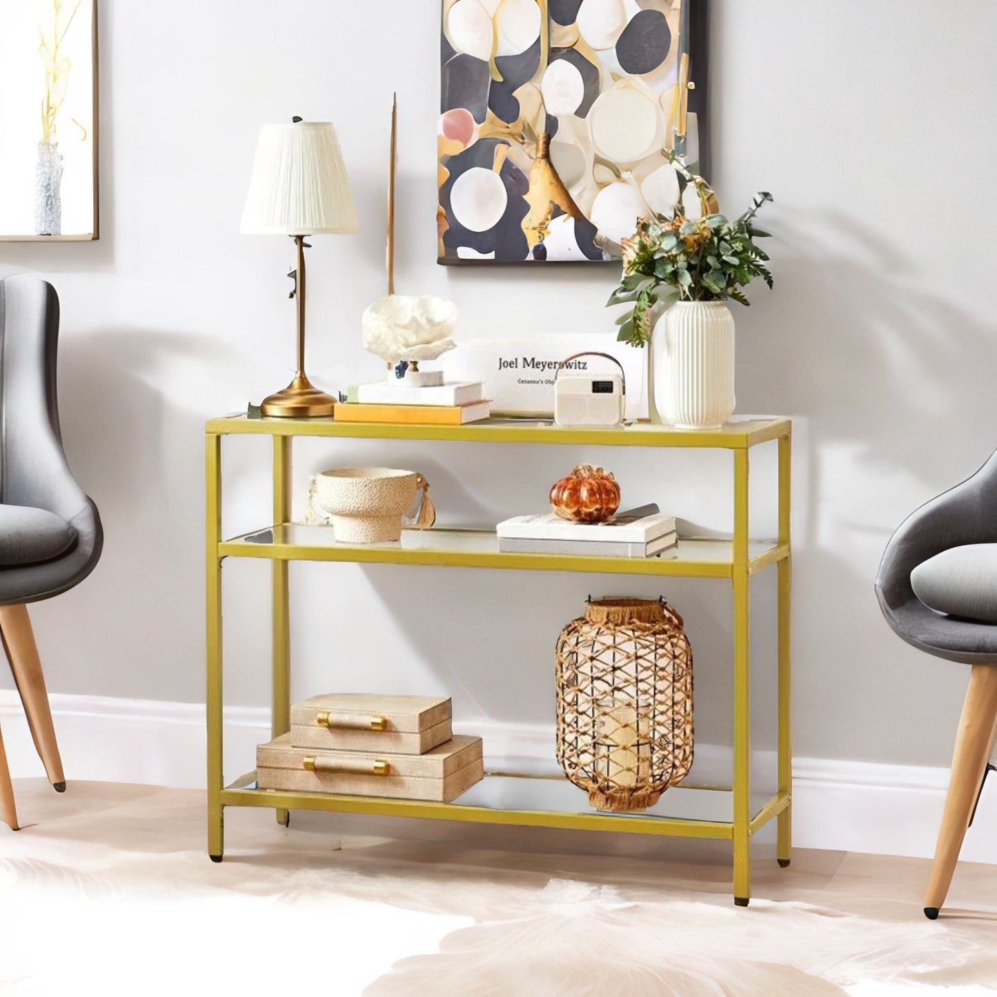 industrial hallway table with 3 tempered glass shelves