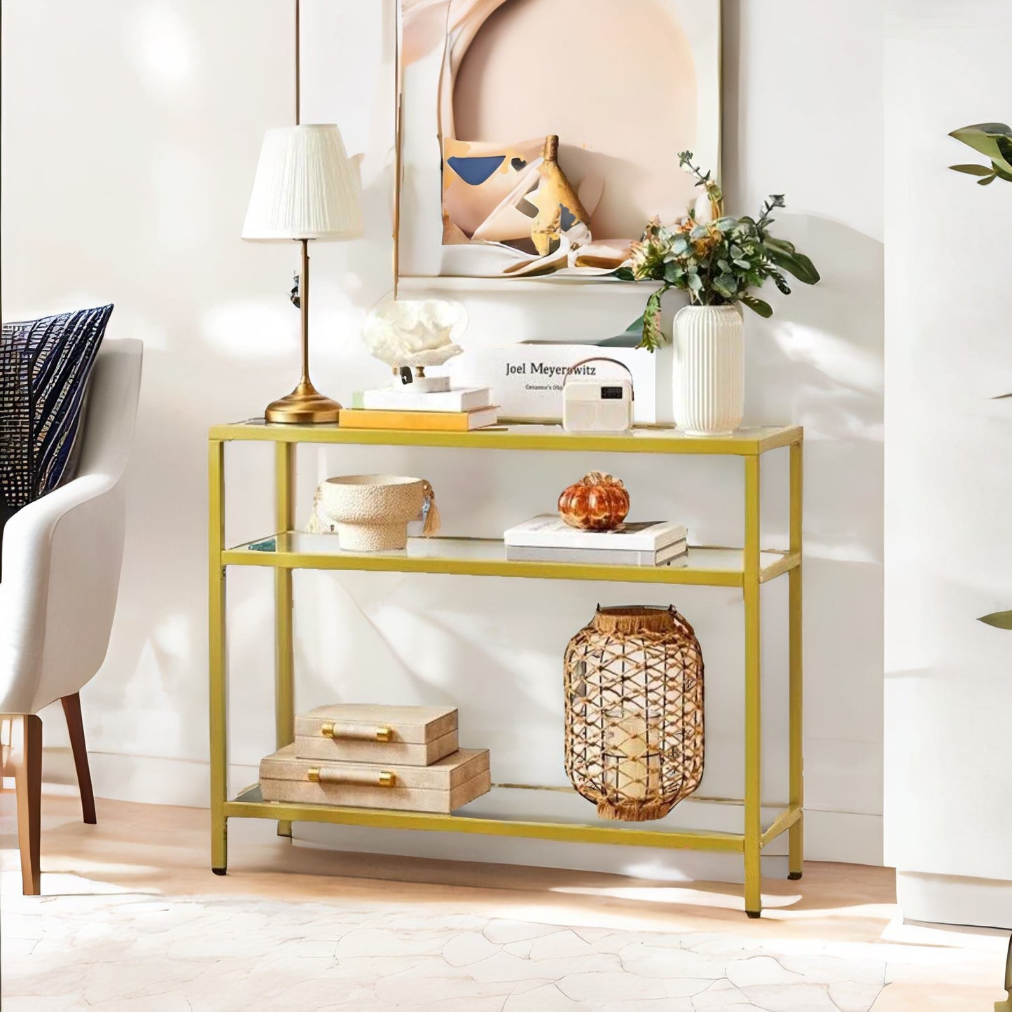 industrial hallway table with 3 tempered glass shelves