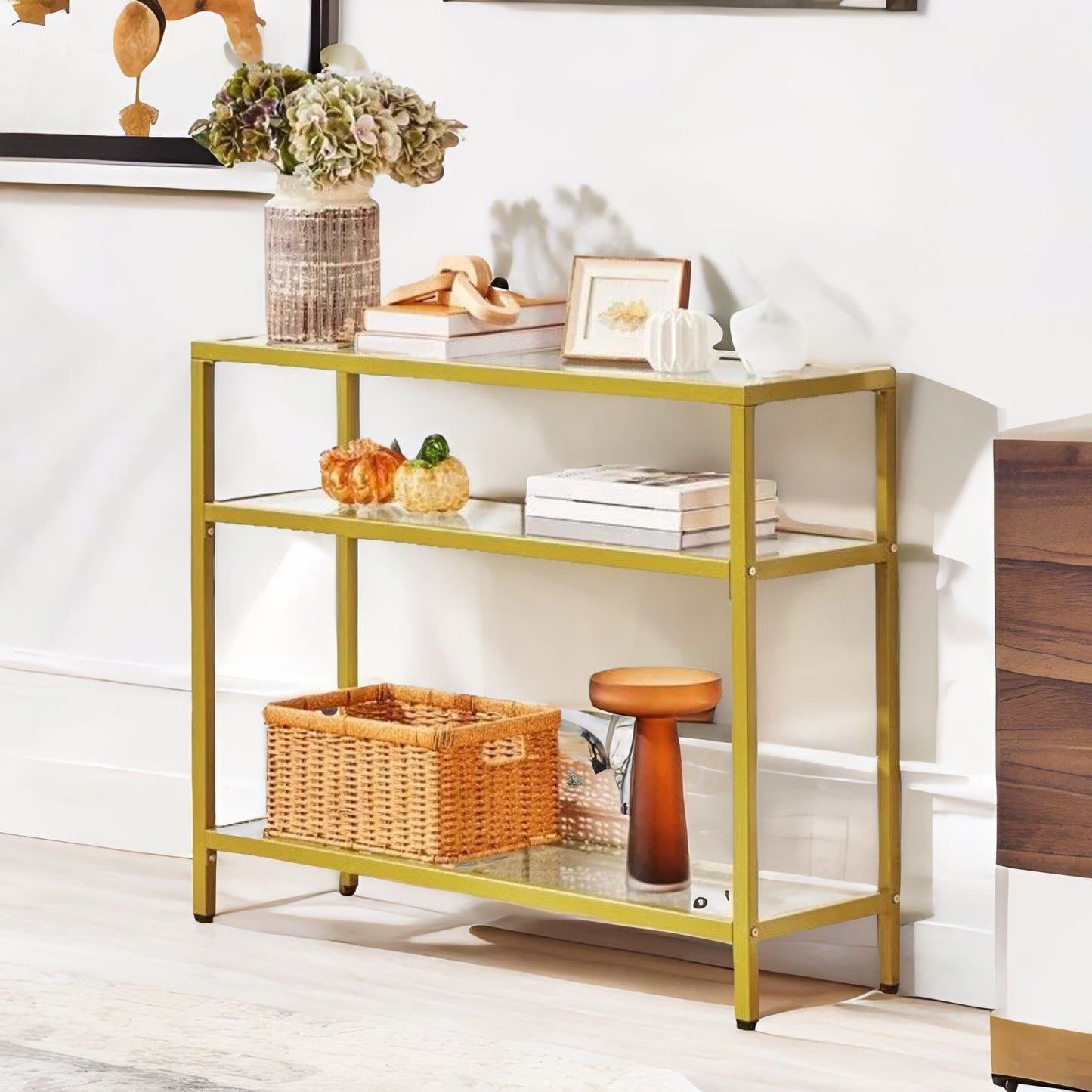 industrial hallway table with 3 tempered glass shelves