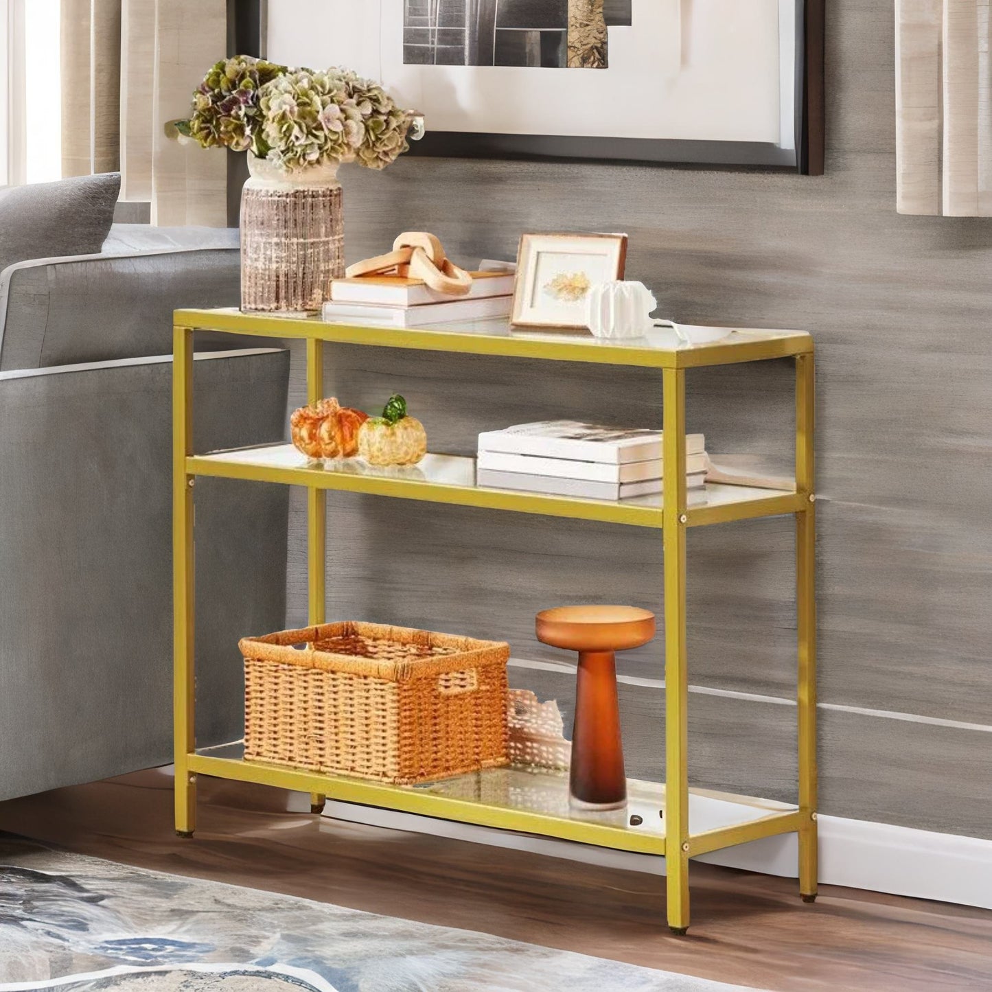 industrial hallway table with 3 tempered glass shelves