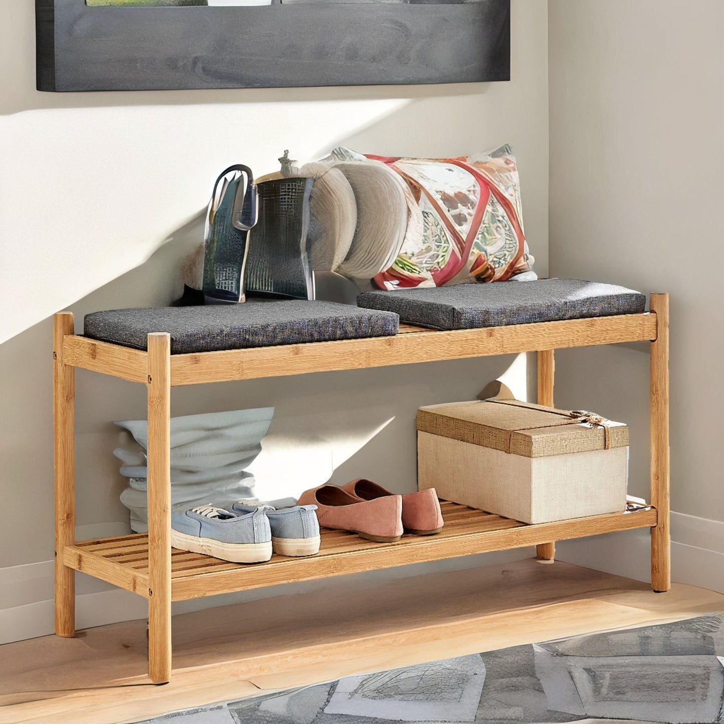 bamboo shoe storage bench with 2 cushioned seat