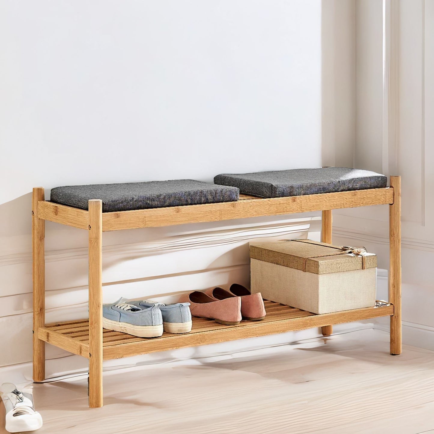 bamboo shoe storage bench with 2 cushioned seat