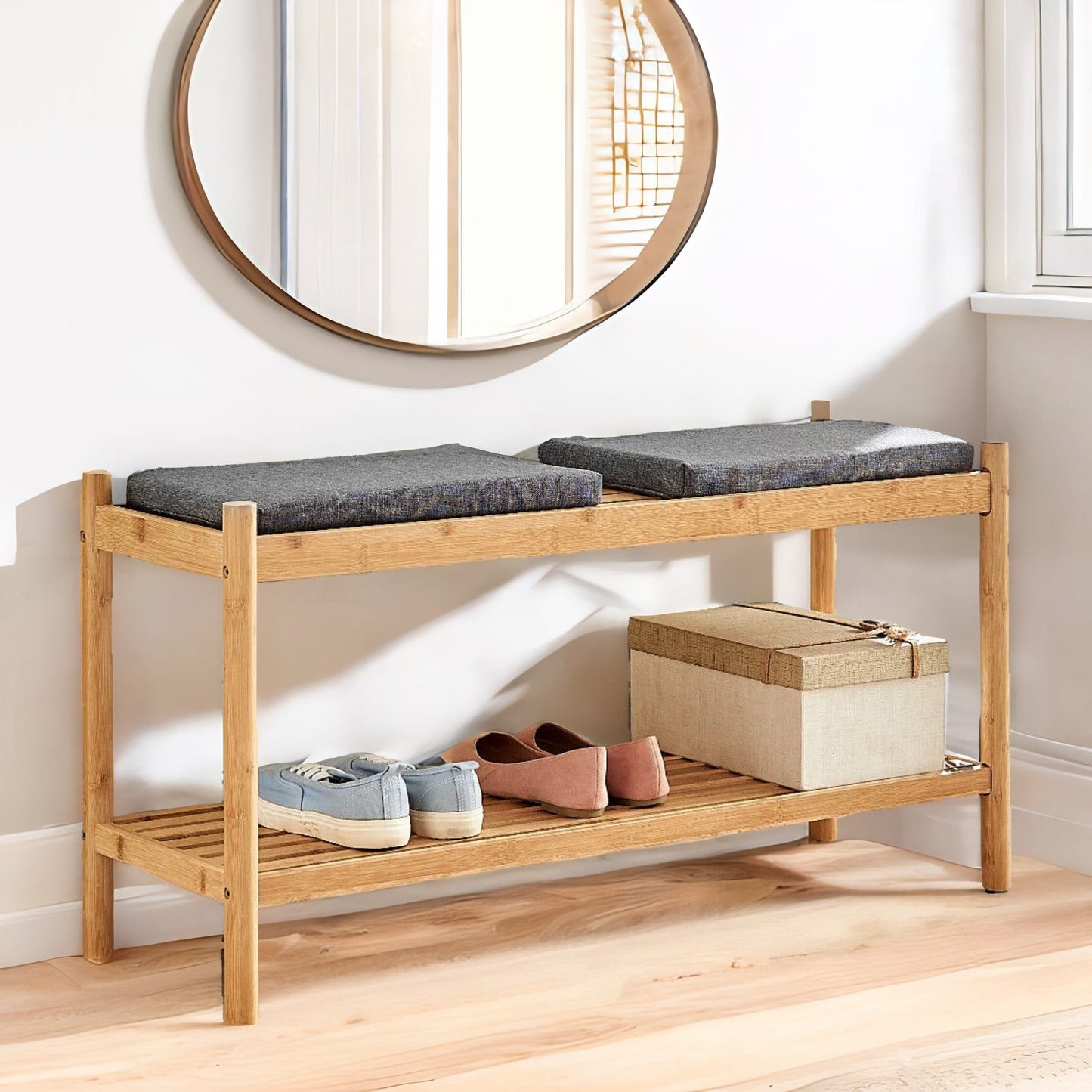 bamboo shoe storage bench with 2 cushioned seat