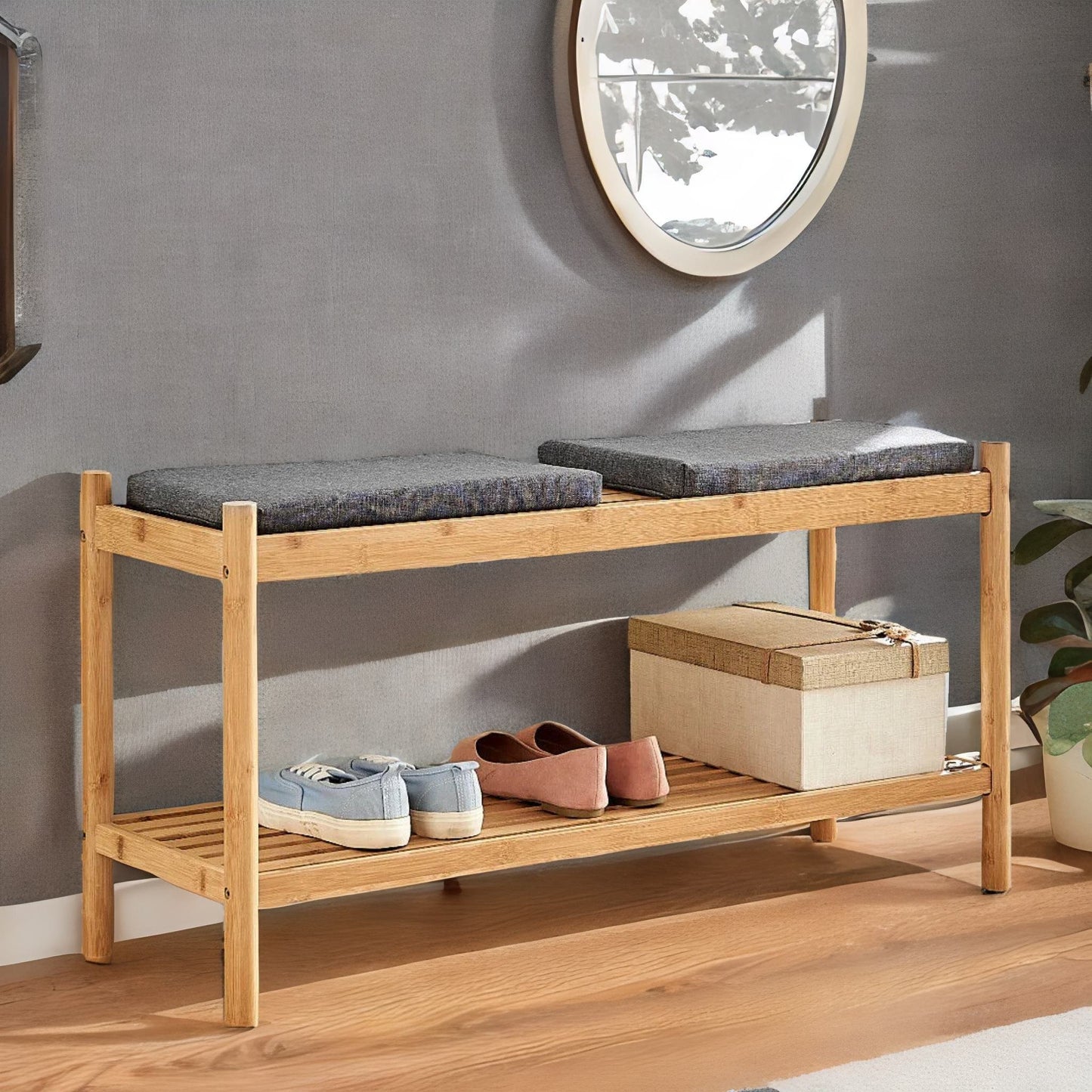 bamboo shoe storage bench with 2 cushioned seat