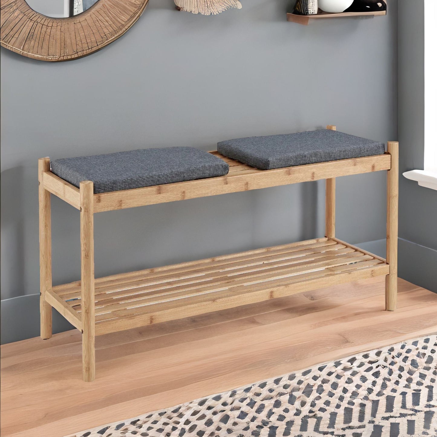 bamboo shoe storage bench with 2 cushioned seat