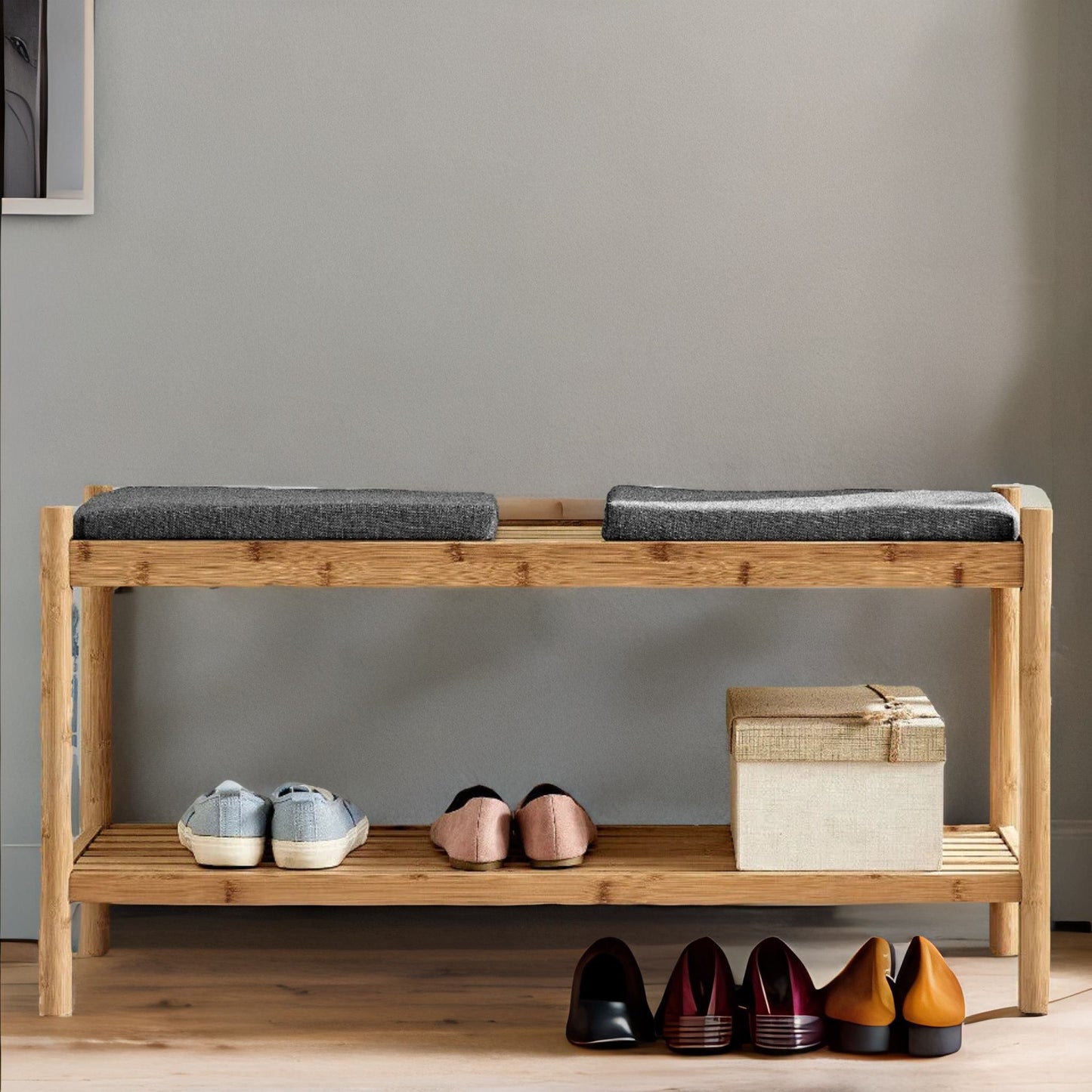 bamboo shoe storage bench with 2 cushioned seat