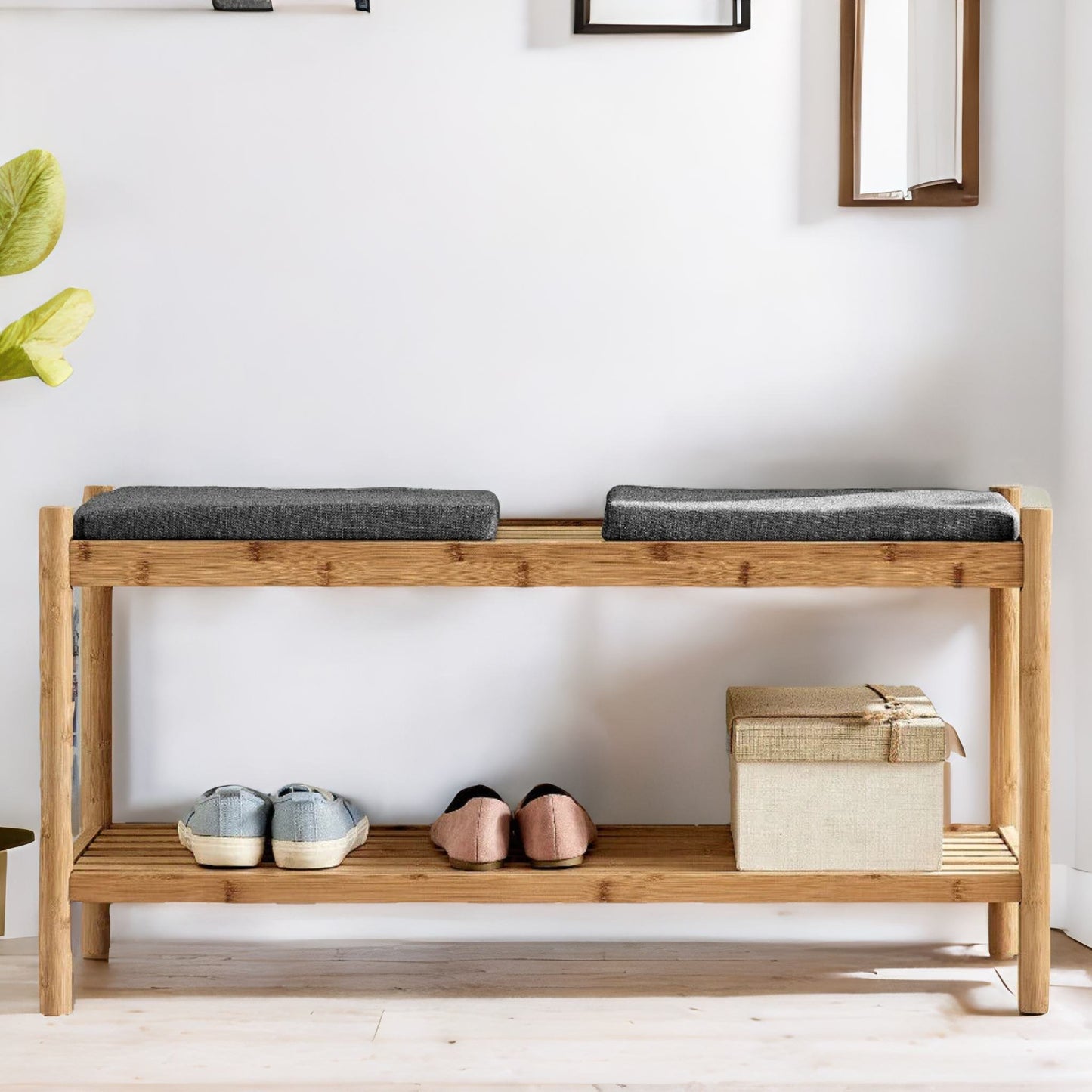 bamboo shoe storage bench with 2 cushioned seat