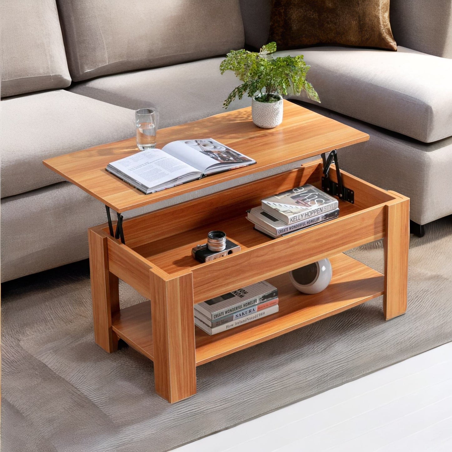 industrial walnut sliding top coffee table with hidden storage