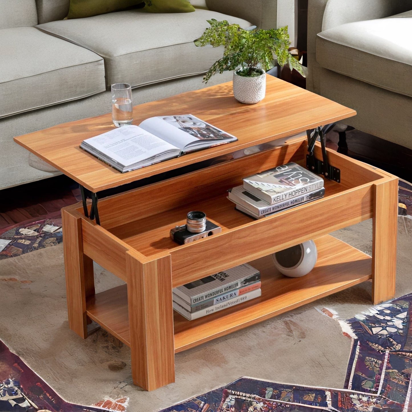 industrial walnut sliding top coffee table with hidden storage