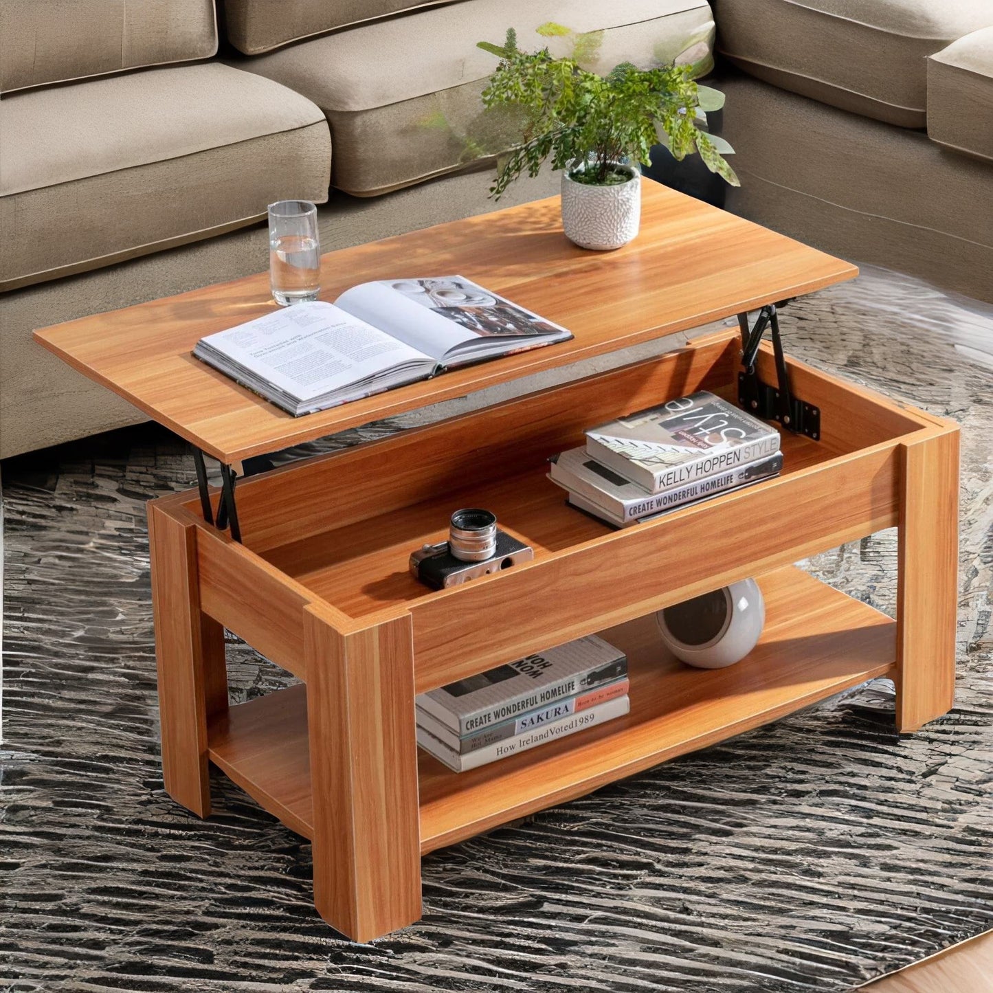 industrial walnut sliding top coffee table with hidden storage