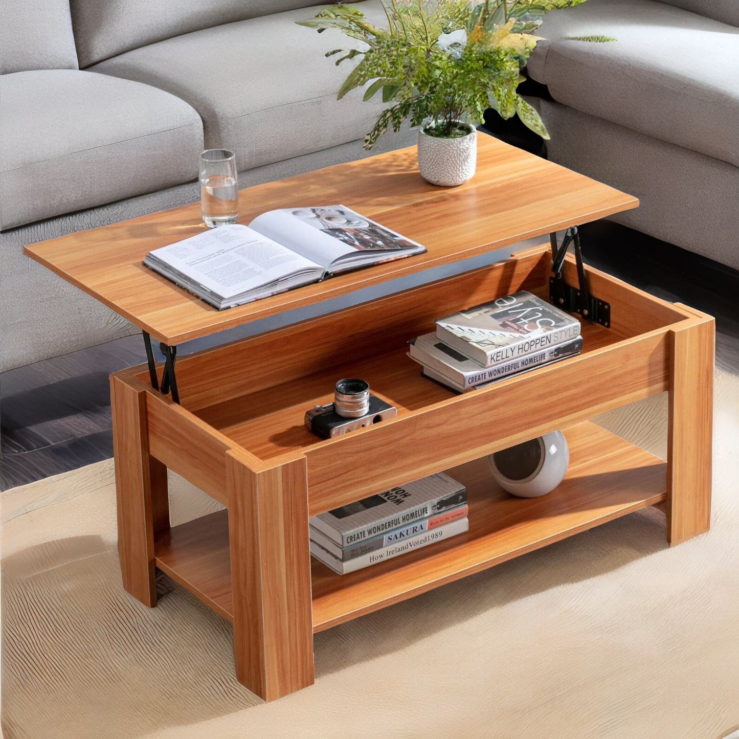 industrial walnut sliding top coffee table with hidden storage