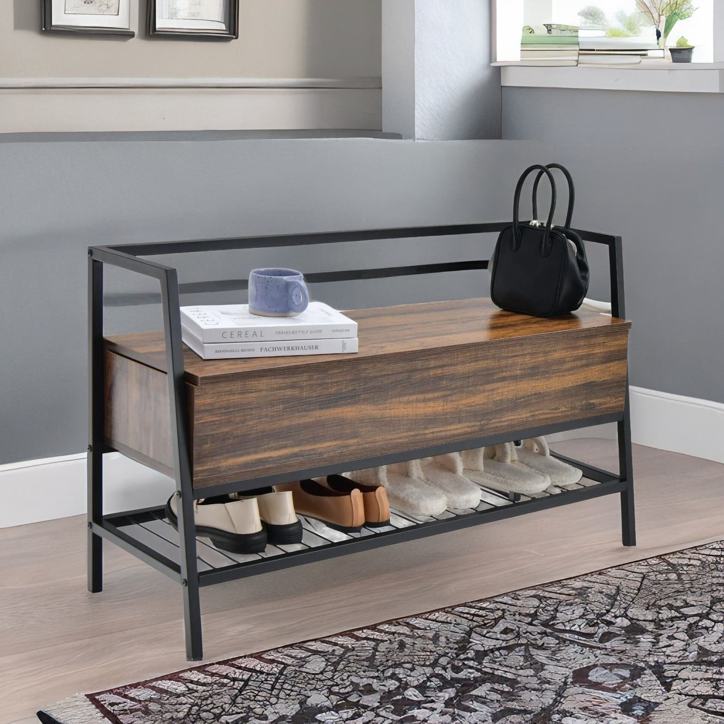 industrial shoe storage bench with seat & hidden storage