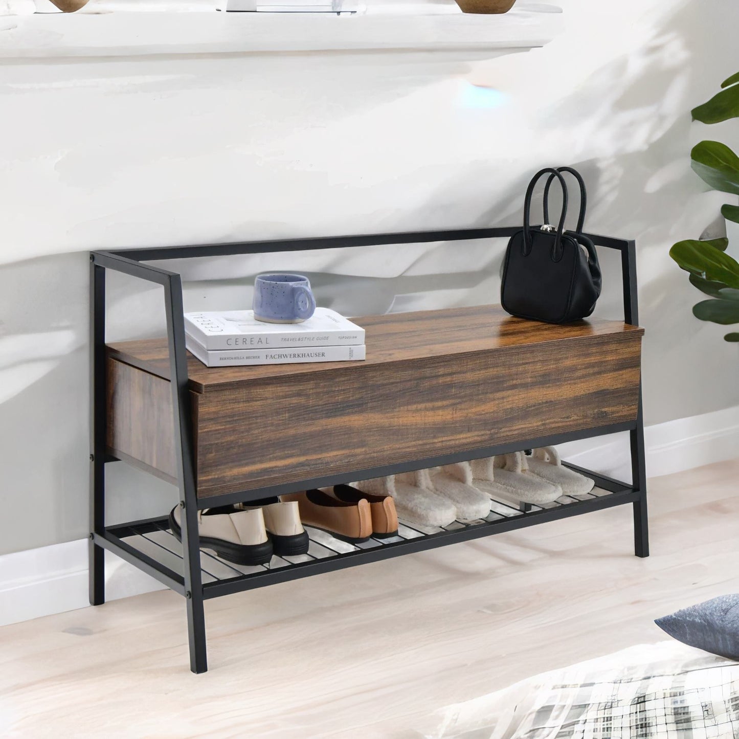 industrial shoe storage bench with seat & hidden storage