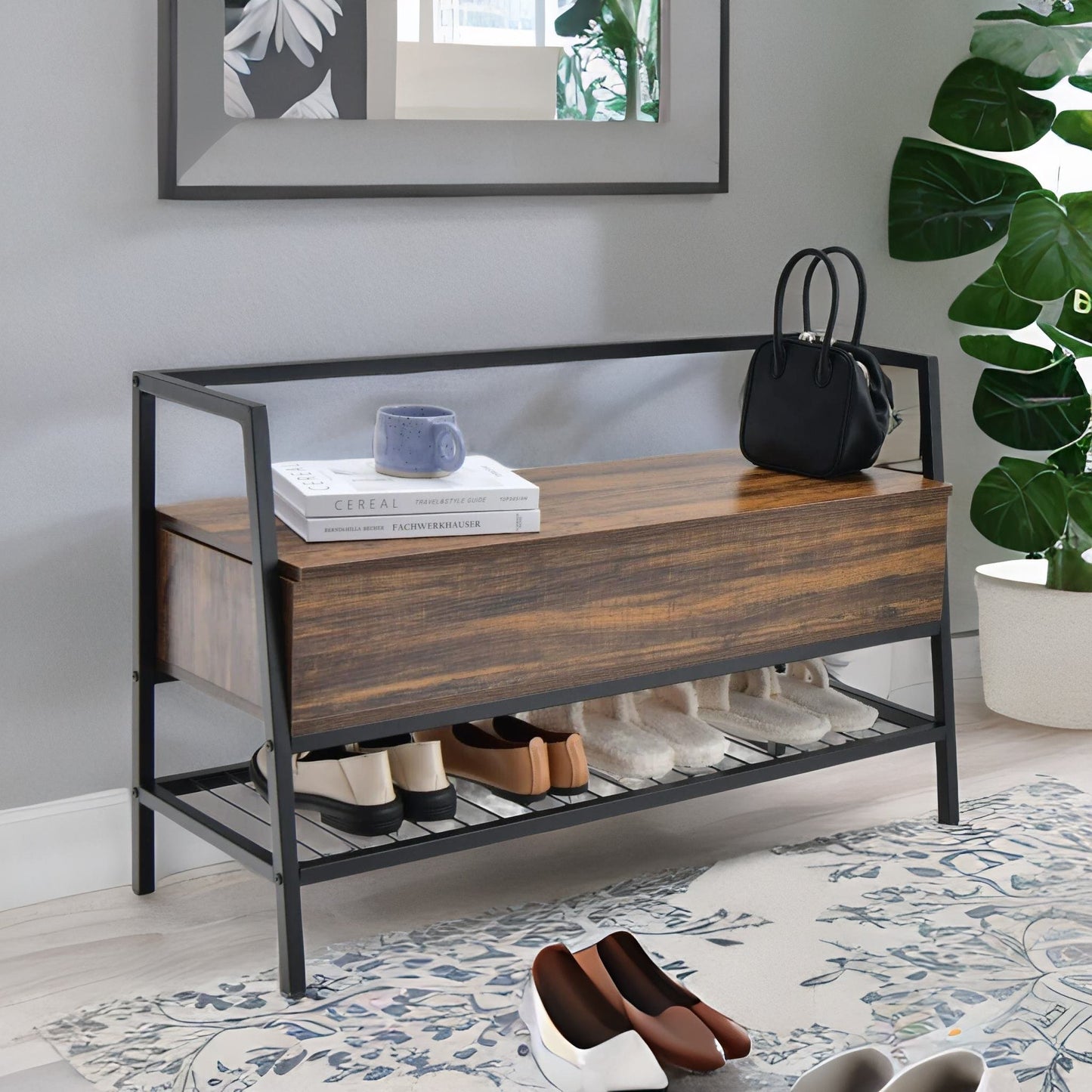 industrial shoe storage bench with seat & hidden storage