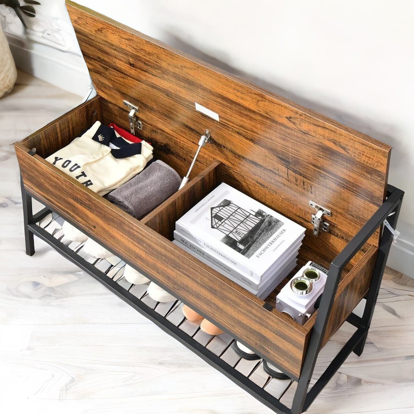 industrial shoe storage bench with seat & hidden storage