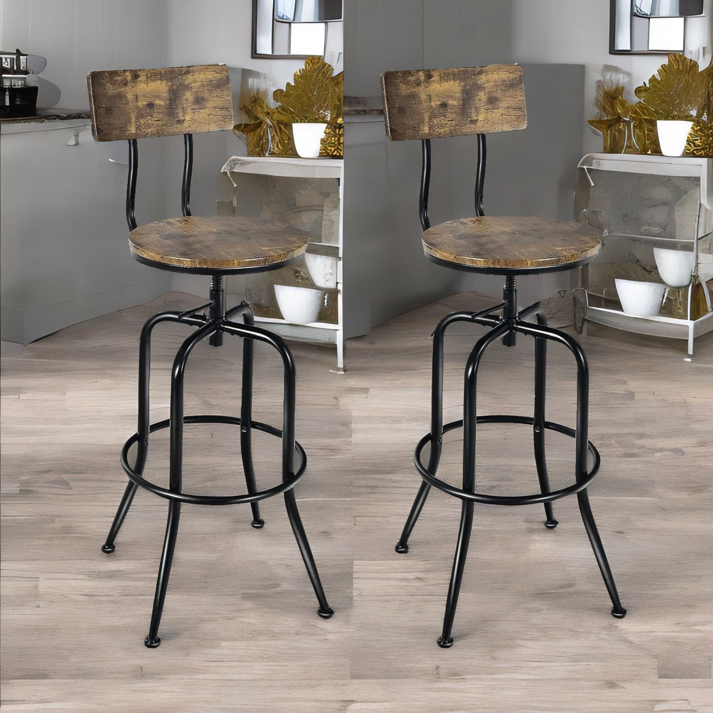 set of 2 industrial rustic brown bar stools with back & footrest