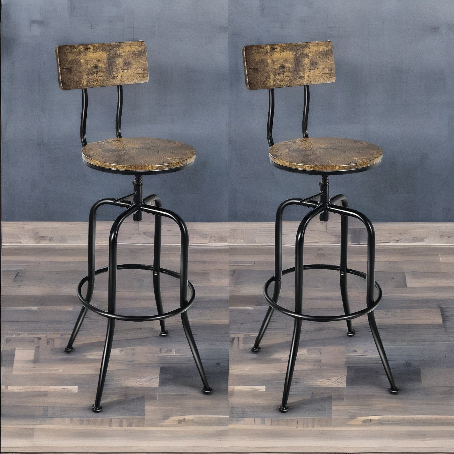 set of 2 industrial rustic brown bar stools with back & footrest