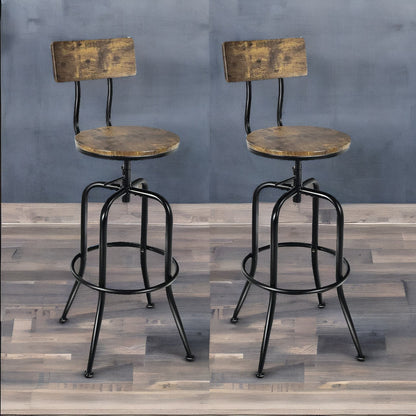 Set Of 2 Industrial Rustic Brown Bar Stools With Back & Footrest