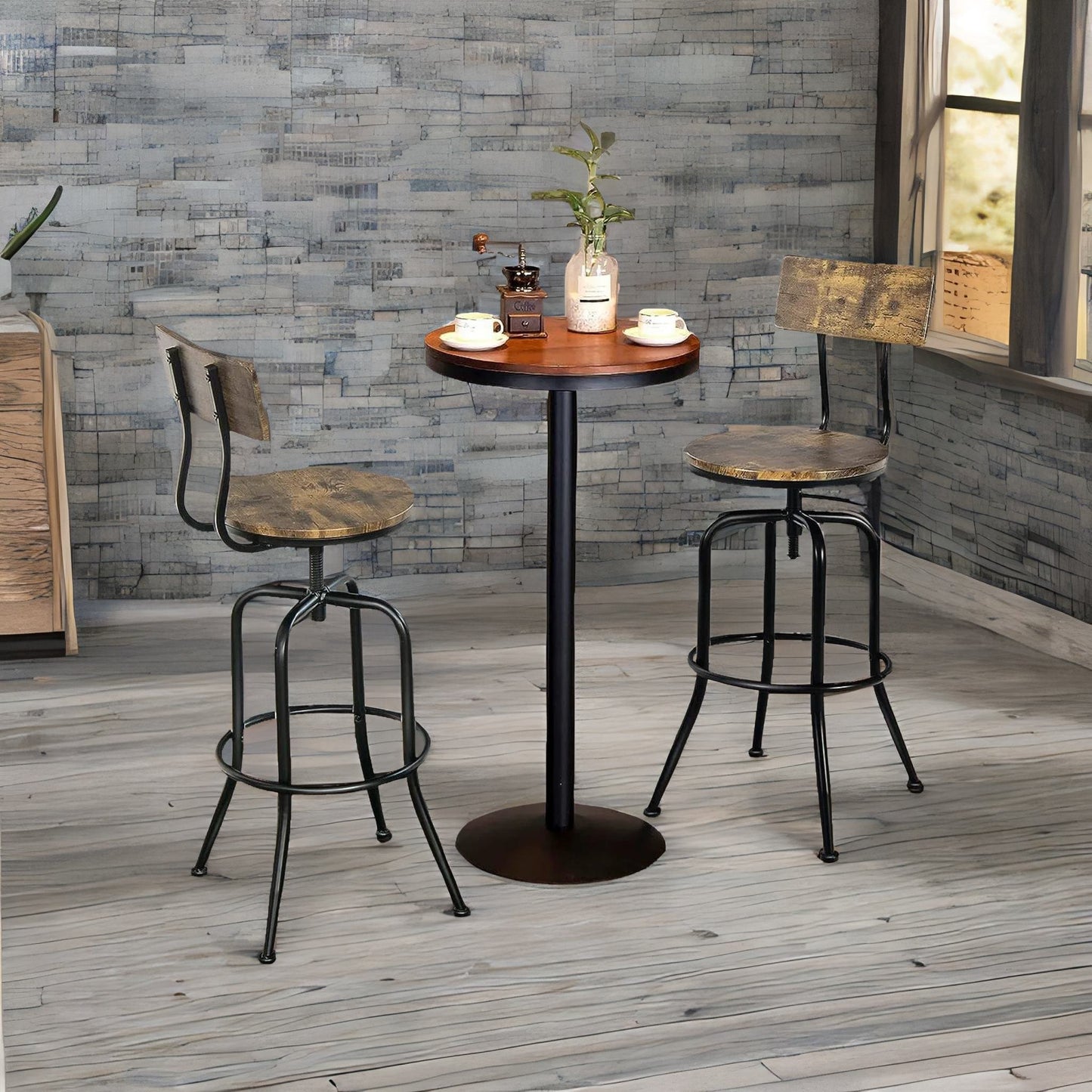 set of 2 industrial rustic brown bar stools with back & footrest