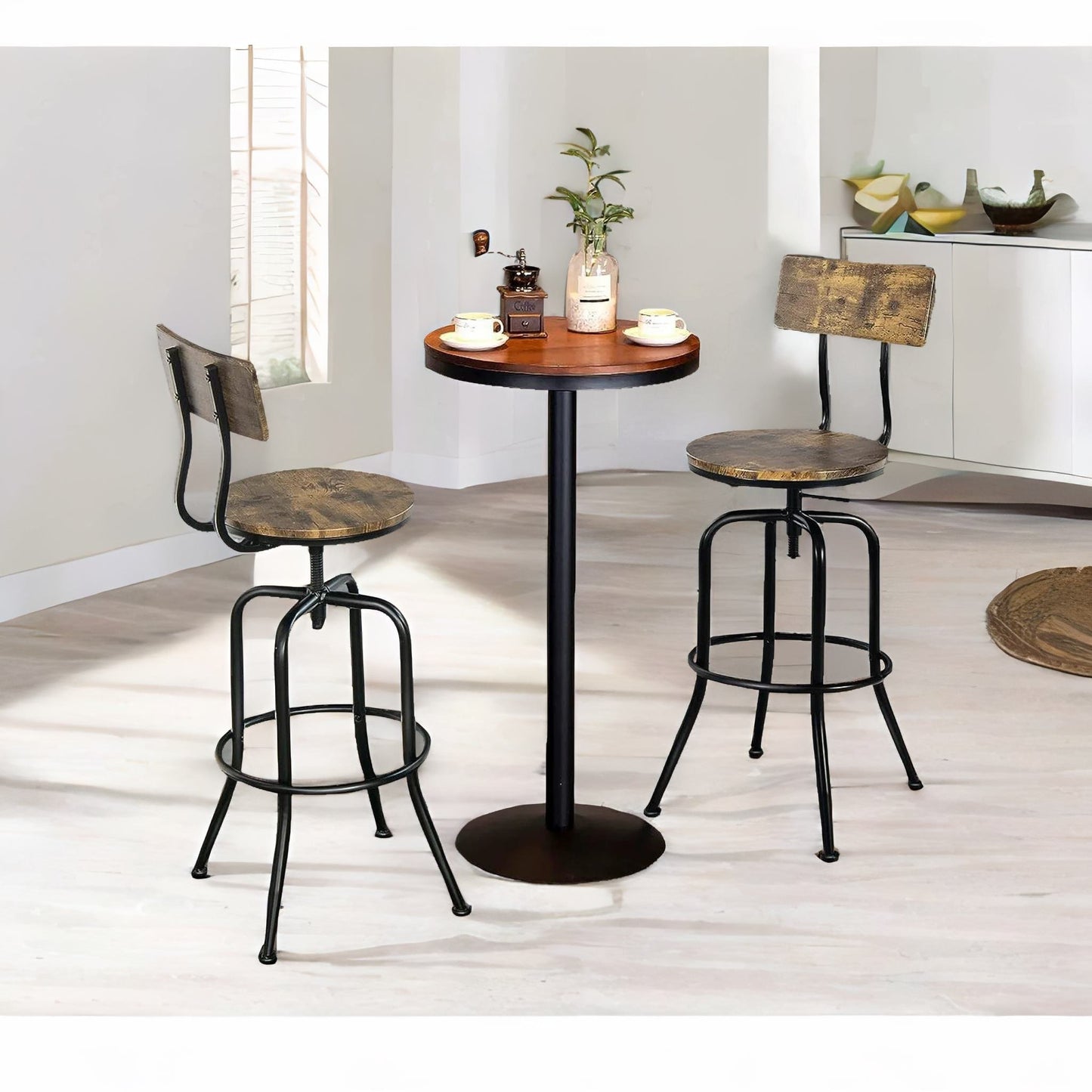 set of 2 industrial rustic brown bar stools with back & footrest