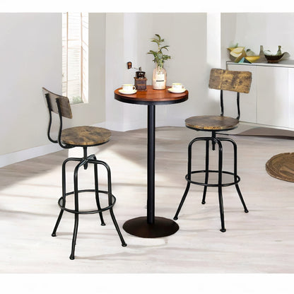 Set Of 2 Industrial Rustic Brown Bar Stools With Back & Footrest