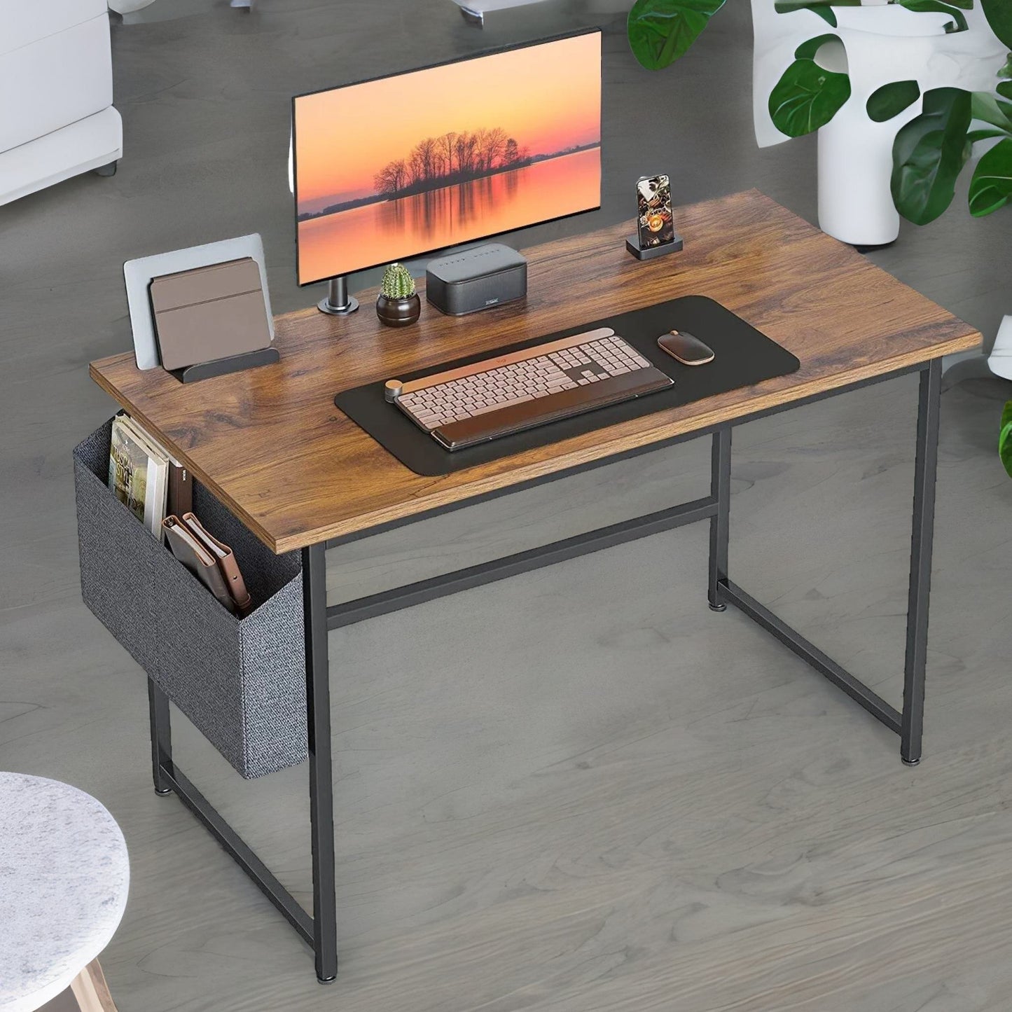 industrial computer desk with storage bag