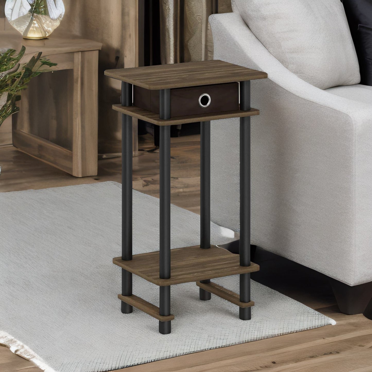 industrial rustic side table with fabric drawer